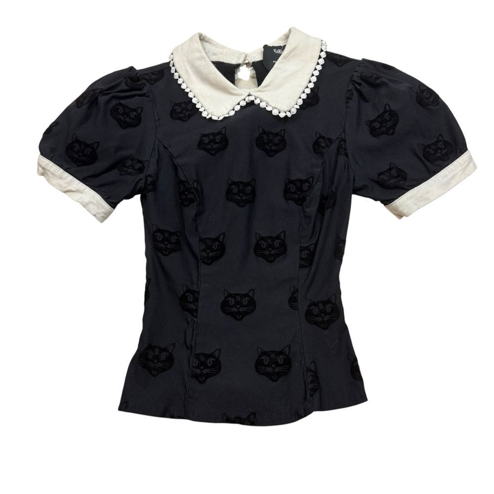 Girl’s Collectif X ModCloth Black Velvet Cat Blouse with White Collar Size 6
